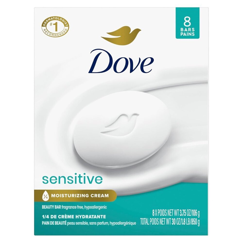 Beauty Bar Soap Sensitive, 8 Bars for Sensitive Skin, Fragrance Free and Hypoall